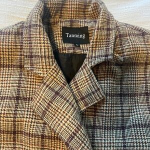 Women's Winter Oversize Lapel Collar Woolen Plaid Double Breasted Long Peacoat